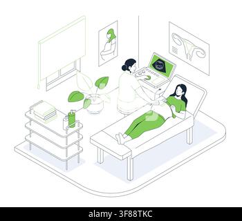 Medizinische Ultraschalluntersuchung - Linienisometrische Illustration Stock Vektor