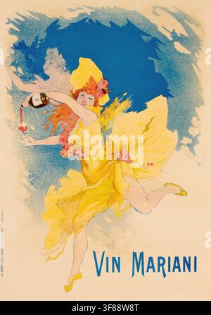 Werbeplakat, Getränkewerbung, Vin Mariani-Plakat von Jules Chéret aus dem Jahr 1894, das eine fröhliche Frau in einem gelben Kleid zeigt, die das Tonikum einschenkt. Der Farblithograf wurde von Angelo Mariani in Auftrag gegeben, um seinen medizinischen Wein zu bewerben, der Bordelaiser Wein und Kokablätter enthielt. Authentische Reproduktion eines historischen Werbeplakats, Werbeschilds, in hoher Auflösung. Historisch Stockfoto