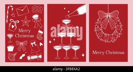 Handgezeichnete Frohe-Weihnachten-Grußkarten-Strichmusterset mit Weihnachtsbaumschmuck, Sekt, Feuerwerkskörper, Kranz und Strumpf Stock Vektor