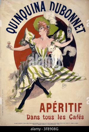 "Werbeplakat, Getränkewerbung, Plakat von Jules Chéret aus dem Jahr 1895, das den französischen Aperitif Quinquina Dubonnet bewirbt. Das Kunstwerk zeigt eine elegante Frau in einem grün-weiß gestreiften Kleid, die eine Flasche und ein Glas des Getränks hält, begleitet von einer weißen Katze. Der Text auf dem Plakat lautet "Quinquina Dubonnet und Apéritif dans tous les Cafés" (Aperitif in allen Cafés). Authentische Reproduktion eines historischen Werbeplakats, Werbeschilds, in hoher Auflösung. Historisch" Stockfoto