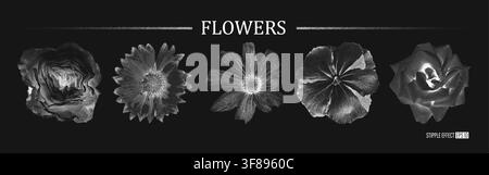 Retro-Fotokopie-Effekt botanisches Set gepunktete Blumen mit Körnung, Halbtongrunge-Textur. Y2K weiße Vintage-Collageelemente für trendiges Blumendesign Stock Vektor