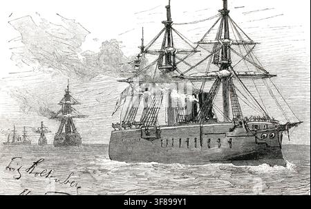 "Der Panzerschiff König Wilhelm war das Flaggschiff der Marine des Norddeutschen Bundes zur Zeit des Deutsch-Französischen Krieges von 1870. Es galt damals als eines der größten, mächtigsten und modernsten Kriegsschiffe der Welt. Authentische, hochauflösende Reproduktion eines Originals aus dem 19. Jahrhundert; genaues Darstellungsdatum unbekannt. Historisch." Stockfoto