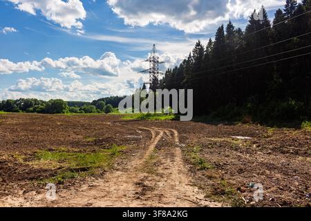 Stahl-Hochspannungsmast überragt eine raue Schotterstraße, die durch ein frisch gepflügtes Feld mit einem dichten Nadelwald unter einem vibrierenden Himmel führt Stockfoto