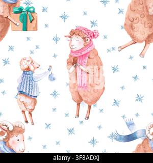 Eine Familie niedlicher Schafe in Winterschals zwischen Schneeflocken in einem nahtlosen Aquarellmuster. Perfekt für Kinderkleidung, Grußkarten, Dekoration Stockfoto