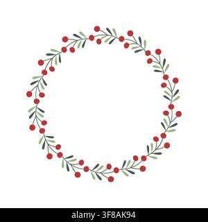 Weihnachtsbeerenkranz-Vektor, runder botanischer Rahmen mit grünen Zweigen, isoliert auf weißem Hintergrund für Feiertags-Glückwunschkarte und Einladungsdesign Stock Vektor