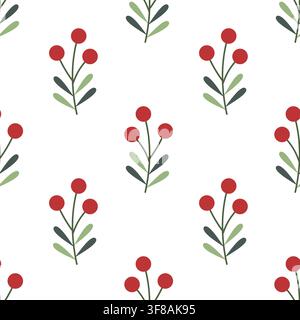 Nahtloses Muster mit roten Beeren, Vektor, Weihnachts-Winter-Blumenhintergrund mit grünen Zweigen für Feiertagsgeschenkpapier und Stoffdesign Stock Vektor