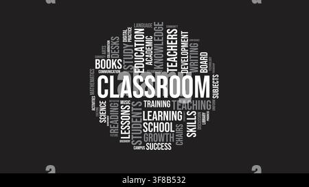 Klassenzimmer-Wortwolken-Illustration mit Bildungs- und Lernbegriffen in kreisförmiger Typografie auf dunklem Hintergrund Stock Vektor