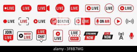Live-Streaming-Abzeichen mit Broadcast-Symbolen, Wiedergabe-Tasten, On-Air-Etiketten und Social-Media-Tags im rot-schwarz-weißen Stil, flache Vektorillustration Stock Vektor