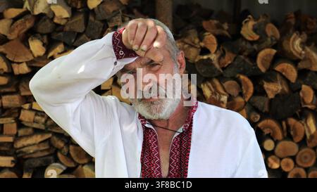 Älterer ukrainischer Mann in Vyshyvanka steht nach harter Arbeit neben dem Holzschuppen. Müder älterer Mann ruht sich nach harter Arbeit neben dem Brennholz aus. Konzept des Nationalen Stockfoto