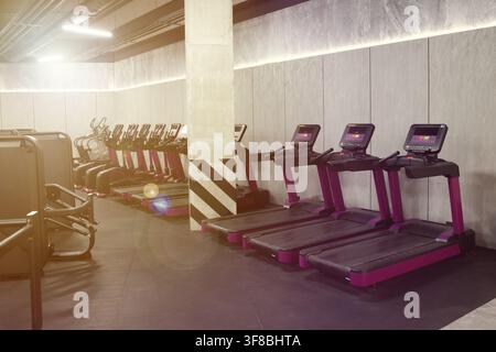 Cardio-Zone mit Laufbändern und Crosstrainern in einem sonnendurchfluteten Fitnessstudio Stockfoto
