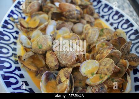 Hochwinkelaufnahme eines voll beladenen Tellers mit gekochten Muscheln in einer reichhaltigen Sahnesauce, dekoriert mit Kräutern und serviert auf einem klassischen blau-weißen Muster Stockfoto