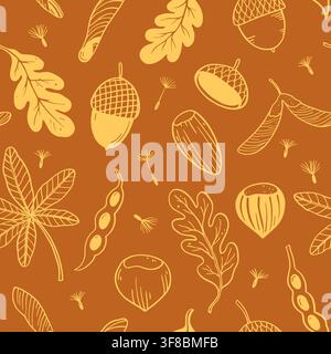 Nahtloses Muster mit Samen, Schoten und Herbstblättern. Vektorhandgezeichnete Doodle-Illustrationen. Stock Vektor