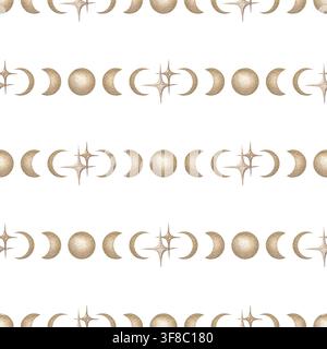 Goldene Mondphasen minimalistisches nahtloses Muster. Handgezeichneter Aquarellgoldmondzyklus mit zunehmendem Mond und himmlischem Stern. Vintage-Grafik für Astrologie-Design. Einfache Wiederholung für Stoff oder Tapete. Stockfoto