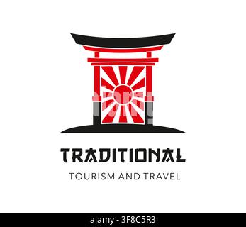 Japanisches religiöses Tempel-Torii-Tor-Symbol mit roter Sonne. Minimales Japan-Tourismus- Emblem mit traditionellem Tori-Tor und aufgehender Sonne in roten und schwarzen Farben. Etikett für Reisebüro, kulturelles Erbe Stock Vektor