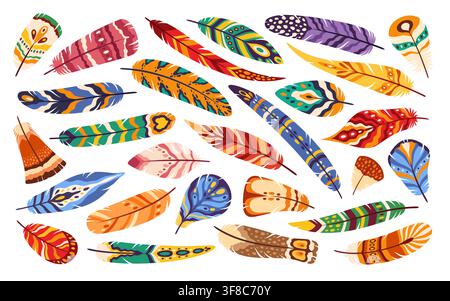 Boho-Vogel federn, böhmische und ethnische einheimische Federkiele für Stammesdekoration. Boho-Federn und Vogel Federkiele Gefieder mit Cartoon farbenfroh oder Stock Vektor