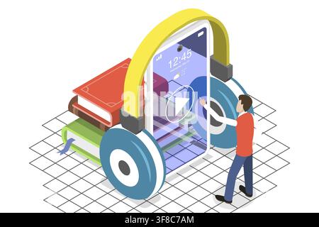 3D Isometrisches Flachkonzept für Mobiles Hörbuch, Online-Bildung, Literatur-Hörens Stockfoto