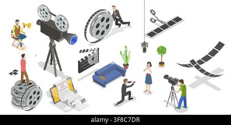 3D isometrische flache konzeptionelle Illustration des Filmproduktionsprozesses Stockfoto