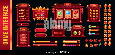 Chinesische Spiel-UI-Schnittstellenbuttons und Level-Fenster, orientalische Indikatoren und Belohnungen, asiatische Lade-Skala und Menü mit roten Dächern. Mobiles Spielelement-Kit mit rotem Pagodenmenü, Shop-Panels, GUI-Assets Stock Vektor