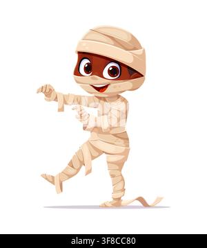 Cartoon-Halloween-Kind-Mumie-Charakter im Bandagen-Party-Kostüm, der mit spielerischer Pose, fröhlichem Ausdruck und gruseligem und süßem festlichem Feiertagsstimmung läuft. Lustiges Kind in gruseligem und lustigem Anzug für die Veranstaltung Stock Vektor