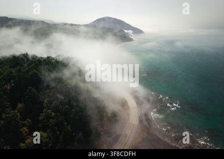 Luftaufnahme der Highway 101, die sich entlang der nebligen Küste Oregons mit dichtem Wald und dem Pazifischen Ozean in Port Orford, Oregon, Vereinigte Staaten schlängelt Stockfoto