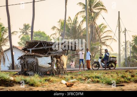 6. Dezember 2016, Chilaw, Sri Lanka: Morgenszene in einem kleinen Küstenfischerdorf mit Palmen und traditionellen Hütten Stockfoto