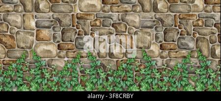 Steinerne Wand mit Kletter-Efeustängeln nahtlose Bordüre. Handgemaltes raues Steinwand-Design-Element Aquarellillustration für Tapeten, Interieur Stockfoto