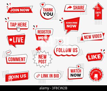 Social-Media-Aufruf-Badge-Set mit den Aufschriften „Jetzt abonnieren“, „Folge uns“, „Jetzt beitreten“, „Jetzt ansehen“, „Gefällt mir“, „Kommentar“, „Teilen“, „Nach oben wischen“ und „Link in Bio“, flach Stock Vektor