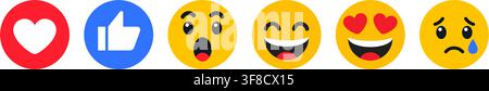 Social-Media-Reaktions-Symbol-Set mit Herz, Like und ausdrucksstarken Emoji-Gesichtern, farbenfrohe flache Symbole für Online-Kommunikation, Feedback, Interaktion Stock Vektor