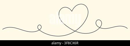 Eleganter durchgezogener Einlinienherz mit dekorativen Schleifen und fließenden Kurven auf cremefarbenem Hintergrund, minimaler romantischer Rahmen für Liebe, Valentinstag, Hochzeit Stock Vektor