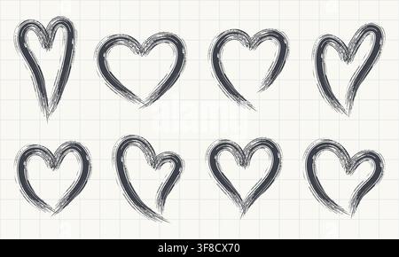 Set aus acht handgezeichneten Pinselherzen auf Notizbuch-Rasterhintergrund, schwarze Grunge-Liebesymbole für Valentinstag, Hochzeit, Romantik, Grußkarte, Einladung Stock Vektor