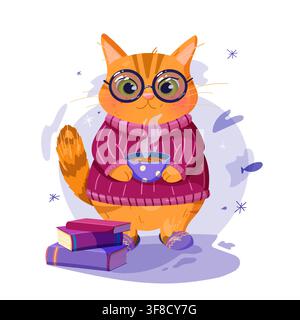 Gemütliche Ingwerkatze im Pullover hält Teetasse Vektorillustration Stock Vektor