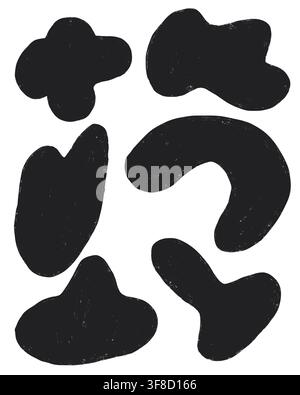 Ein Satz von sechs handgezeichneten schwarzen organischen Blob-Formen mit einer strukturierten kreidigen Oberfläche, gut geeignet für kräftige minimalistische Hintergründe, moderne Branding-Elemente. Stockfoto