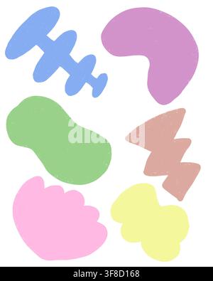 Ein Satz von sechs handgezeichneten organischen Blob-Formen in weichem pastellblau, grün, rosa, lila, braun und gelb mit einer strukturierten kreidigen Oberfläche. Stockfoto
