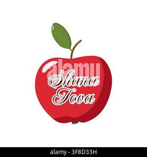 Stilisierte rote Äpfel mit grünem Blatt und Stiel, verziert mit weißem Shana-Tova-Text auf der Oberfläche Stock Vektor