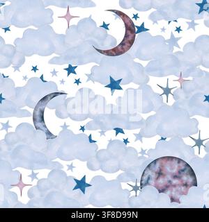 Weiche Wolken, Mond, Planet, Stern und Halbmond. Nahtloses Muster im Weltraum-Thema. Handgezeichnete Aquarellillustration. Zur Dekoration von Kinderzimmern Stockfoto