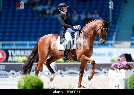 Aachen, Deutschland. 12. Aug., 2026. Reitsport: Weltmeisterschaften, Dressur, Grand Prix Team Finale. Die deutsche Dressurreiterin Katharina Hemmer reitet ihr Pferd Denoix über den Kurs. Credit: Uwe Anspach/dpa/Alamy Live News Stockfoto