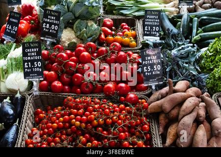 Lebendige Auslage mit frischen Tomaten und saisonalem Gemüse, arrangiert in Weidenkörben auf einem traditionellen Bauernmarkt. Traubertomaten, Kirschtomaten, Stockfoto