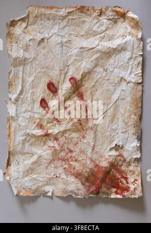 Gealtertes Papier mit rotem Handabdruck — Historische und künstlerische Textur auf grauem Hintergrund Stockfoto