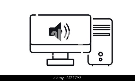 Desktop-Computerturm und Monitor mit Lautstärkesymbol auf dem Bildschirm-Vektor-Icon. Stock Vektor