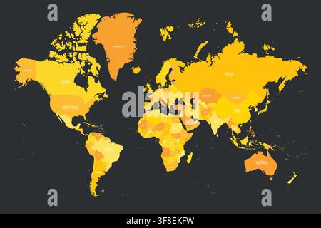 Karte der Welt. Mercator-Projektion. Hochdetaillierte politische Karte von Ländern und abhängigen Gebieten. Einfache flache Vektorillustration. Gelbe Schattierungen auf dunklem grauen Hintergrund Stock Vektor