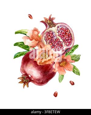 Reife rote Granatäpfel. Ganze Frucht und Hälfte mit Kernen, dekoriert mit Blumen und grünen Blättern. Handgezeichnete Aquarellillustration im botanischen Stil Stockfoto