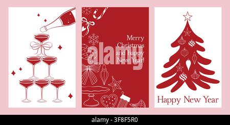 Handgezeichnete Neujahrs- und Frohe-Weihnachten-Grußkarten-Set mit Kiefernbaum und Ornamenten, Champagner-Turm und Schneeflocken Stock Vektor