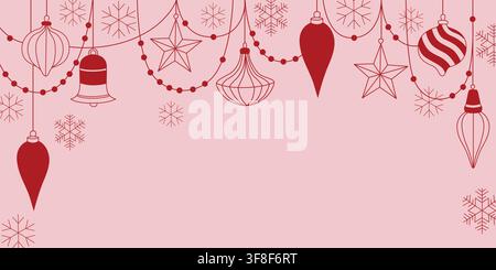 Handgezeichnetes Weihnachtsbanner oder Hintergrund-Line-Art mit Weihnachtsbaumschmuck, Kugeln und Schneeflocken als saisonale Dekoration Stock Vektor