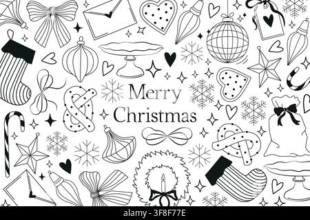 Fröhliche Weihnachtskarte oder Banner Doodle-Linie, Weihnachtsbaumschmuck, Kranz, Schleife, Geschenk und Strumpf, Schneeflocke für saisonale Dekoration Stock Vektor