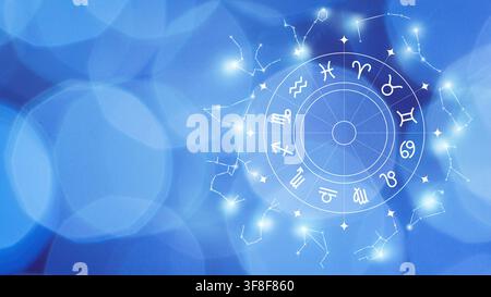 Sternzeichen und Symbole auf einem blauen Hintergrund mit leichten Mustern und Sternenformen Stockfoto