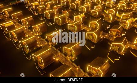 Luftbild einer weitläufigen Nachtansicht von über Wasser gelegenen Holzhäusern auf der Yuetuo-Insel, Tangshan-Stadt, Provinz Hebei, China Stockfoto