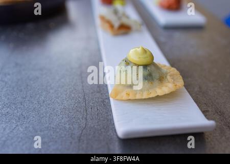 Gebratene Ravioli werden in einer Inneneinrichtung serviert. Ein einzelnes knuspriges, gefülltes Nudelteilchen, das mit einer gelben Sauce überzogen ist, liegt auf einem langen weißen Probierplatte, gesehen Stockfoto