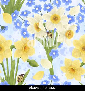 Nahtloses Muster. Weiße, gelbe Narzissenblüten, Marienkäfer, grüne Zweige, blauer Aquarellhintergrund. Ein Frühlingsdruck im flachen Stil. Aquarell, Pastell Stockfoto
