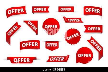 Satz roter ANGEBOT-Etiketten und -Schilder für Promotionsdesign. Perfekt für Verkäufe, Rabatte und Werbekampagnen. Vektorillustration. Stock Vektor