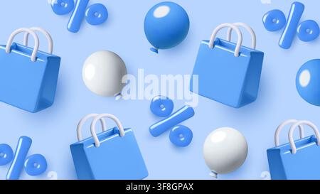 Hintergrund mit Einkaufstüten für einen Sale mit 3D-Luftballons und Prozentsymbolen als Muster für Feiertags-Einkaufsevents Stock Vektor